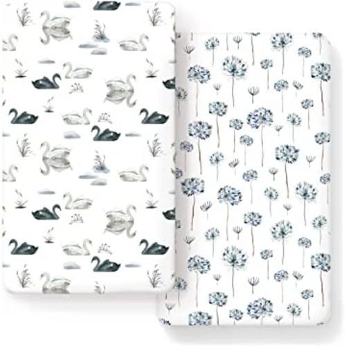 Stretch Ultra Soft Jersey Knit Fitted Crib Sheets Set 2 Pack, Fits All Standard Crib Mattress Pads Safe and Snug, Crib Fitted Sheet for Baby, Pretty Swan/Watercolor Dandelion for Baby