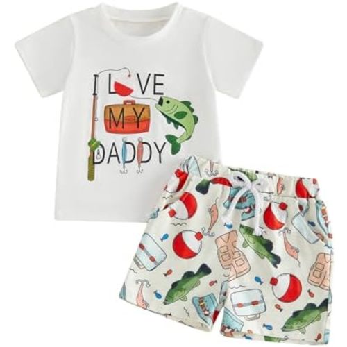 Muasaaluxi Toddler Baby Boy Summer Outfit Short Sleeve Daddys Fishing Buddy T-shirt Fish Print Jogger Shorts Set 0-4T