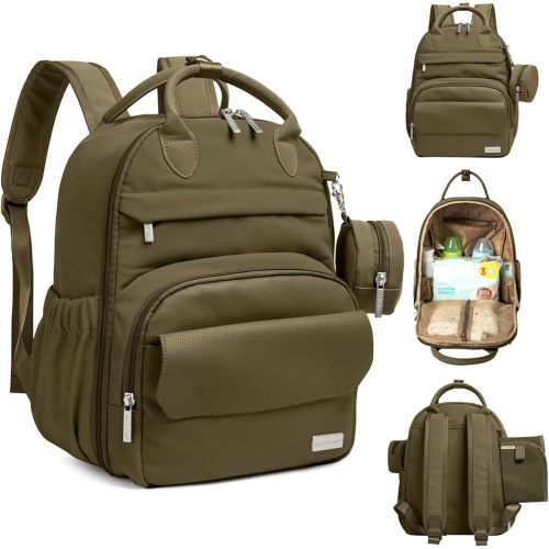 KeaBabies Diaper Bag Backpack - Small Multifunctional Travel Diaper Back Packs, Maternity Baby Changing Bags, 12L Capacity, PU Leather, Waterproof, Unisex, Nappy Changing Pad (Dark Olive, Small)