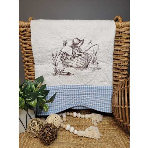 Embroidered Fisherman Baby Boy Heirloom Quilt: Blue Gingham Keepsake Nursery Decor Fishing Boat Puppy