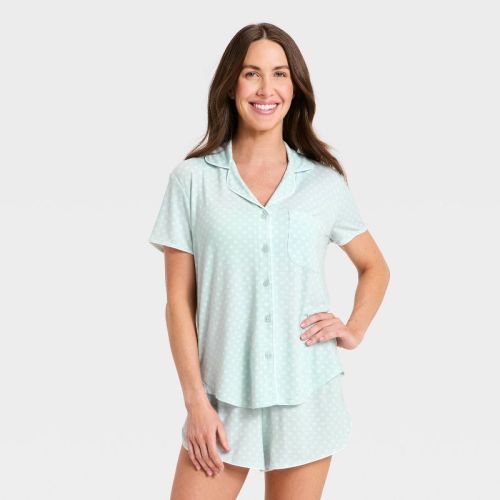 Women's Short Sleeve Notch Collar Shirt and Shorts Pajama Set - Auden™ Mint M