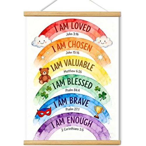 POCEVANA Rainbow Affirmation Wall Art for Baby Girl Nursery, Christian Bible Verse Scripture Posters for Toddler Boy Room, Inspirational Religious Decor for Kids Bedroom, Cute Little Verses