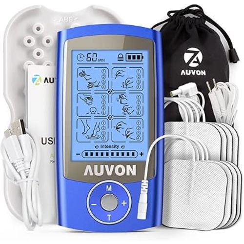 AUVON Rechargeable TENS Unit Muscle Stimulator, 24 Modes 4th Gen TENS Machine with 8pcs 2"x2" Premium Electrode Pads for Pain Relief