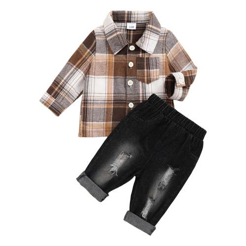 Toddler Flannel Shirt Girl 18 Month Boy Clothes 2 Piece Sets Toddler Baby Boy Clothes Button Down Shirt and Denim Jeans Toddler Boys Winter Clothes Khaki 18-24 Months