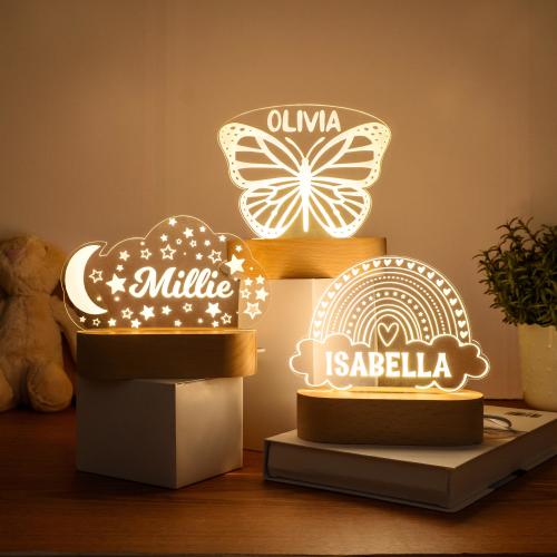 Custom Night Light, Moon & Stars Butterfly or Rainbow for Kids Room Decor, Personalize with Your Name