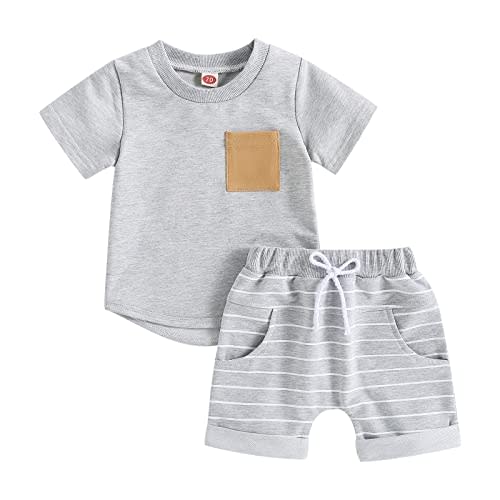 FOMOYUU Toddler Baby Boy Summer Outfit Patchwork Short Sleeve T Shirt Top Casual Shorts Set Infant Newborn Clothes