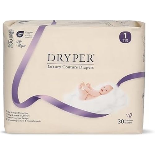 Trial Pack Baby Diapers - DRYPER Size 1 Diapers (6-11 lbs), Size Newborn Diapers, Hypoallergenic Disposable Diaper, Ultra-Soft & Thin, with Wetness Indicator, Oeko-TEX Standard 100, 30 Count