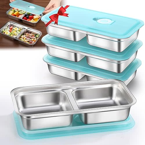 4 Pack Stainless Steel Snack Containers Reusable, Grab and Go 2 Compartment Food Storage Meal Prep Containers with Lids Stackable for Travel Camping School Lunch, Gifts for Gym Home Cooks (4, Blue)