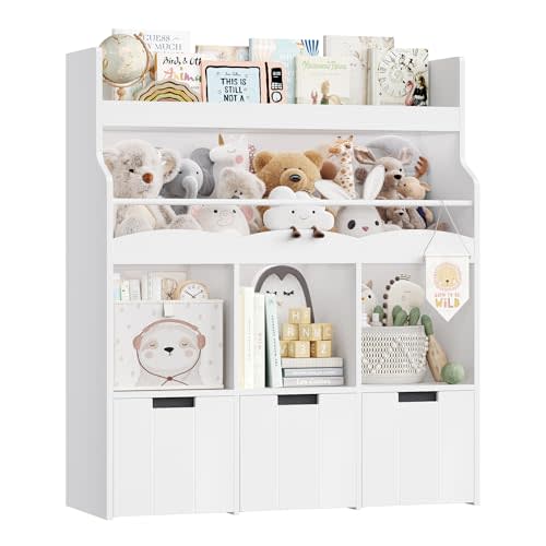HITHOS Kids Toy Storage Organizer with Bookshelf, Multifunctional Book Shelf with 3 Movable Toy Organizers for Kids Room, Kids Bookcase and Toy Box, Toy Storage Chest for Playroom, White