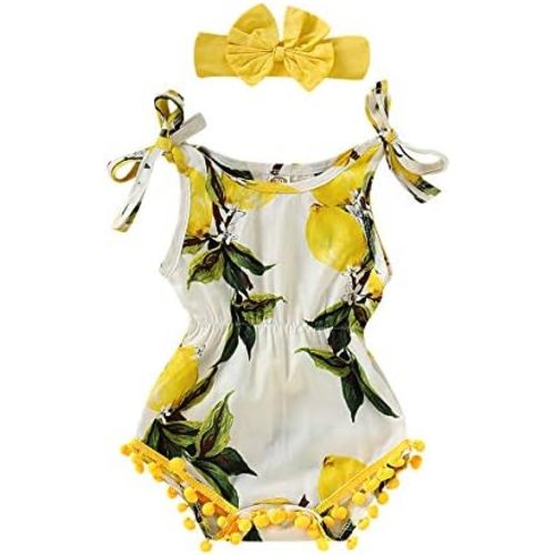 Baby Girl Shoulder Girdle Pompom Tassel Romper Bodysuit Outfits Sleeveless Summer Lemon Jumpsuit Clothes