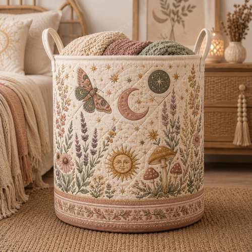 Celestial Moth Printing Quilt Laundry Basket, Boho Moon And Mushroom Hamper, Botanical Floral Storage Bin, Cottagecore Bedroom Laundry Decor