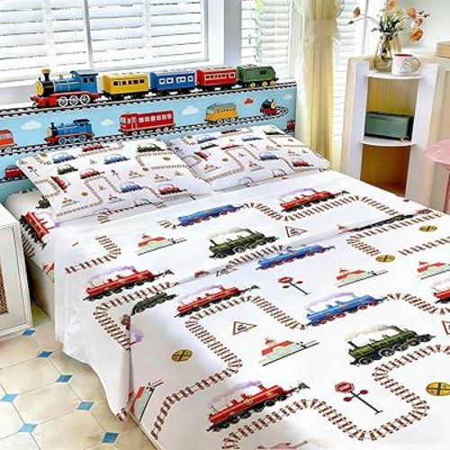 Yasida 4 Pieces Full Size Sheets Kids Cars Train Railway Tracks Sheets Kids Sheet Set Washable Soft Microfiber Fitted Flat Sheet