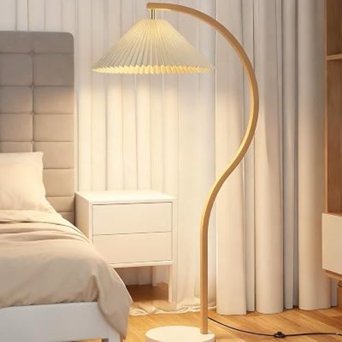 MIXL-Mid Century Arc Floor Lights,1-Lights Rotatable White Pleated Fabric Standing Lamps, Dimmable Floor Lamp with Foot Switch, Arched Corner Floor Light, Art Deco Reading Lamp for Bedroom Office