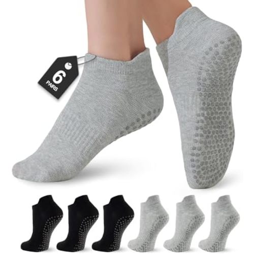 6 Pairs Pilates Socks for Women, Grip Yoga Crew Socks, Non Slip Grippy for Barre, Ballet, Dance & Hospital