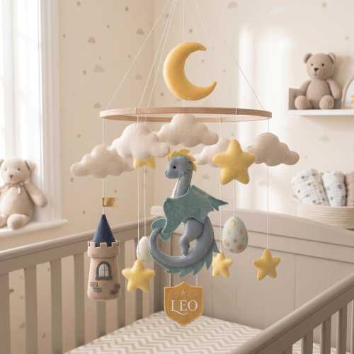 Personalized Felt Dragon Baby Mobile, Fantasy Nursery Decor, Handmade Crib Mobile, Custom Name Gift