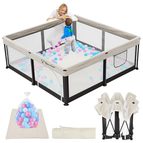 TOREVSIOR Foldable Baby Playpen with Mat, 50"×50" Collapsible Play Pen for Babies and Toddlers, Indoor & Outdoor Kids Safety Play Pen, Portable Play Yard, Foldable Baby Playpen with 50 Ocean Balls