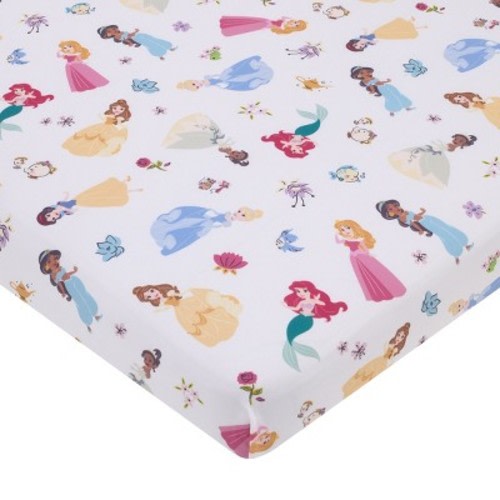 NoJo Disney Princess Pink, Blue, Yellow, and White Super Soft Nursery Fitted Mini Crib Sheet