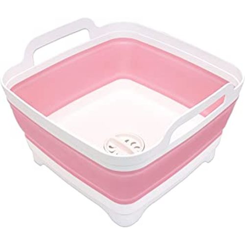 2.4 Gal(9L) Collapsible Dish Basin with Drain Plug, Space Saving Outdoor Multiuse Foldable Sink Tub, Dishpan, Kitchen Storage Tray for Camping, Vegetable Washing, RV (Pink)