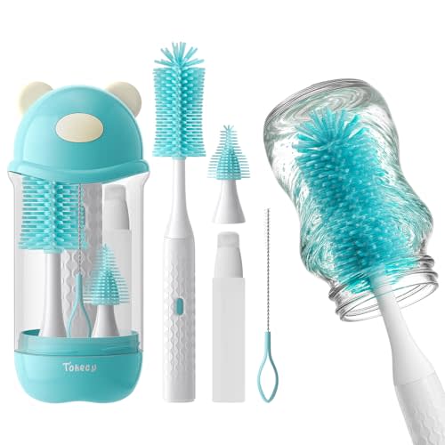 Electric Bottle Brush Cleaner Set, Bear-Shaped Travel Baby Bottle Cleaner Kit with Silicone Nipple & Straw Brush, Soap Dispenser, Drainage Rack, Storage Box(Blue)