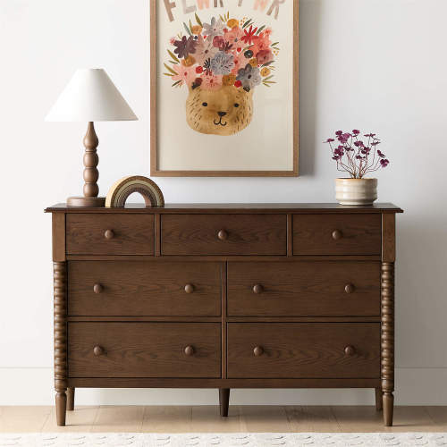 Jenny Lind 54" Deep Brown Wood Wide 7-Drawer Kids Dresser