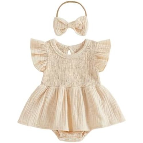 Baby Girl Clothes Smocked Romper Dress Flutter Sleeve Jumpsuit with Headband Cute Newborn Girls Summer Outfit