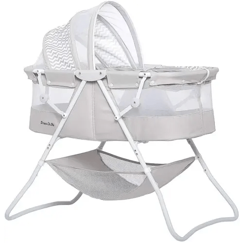 Dream On Me Karley Bassinet in Grey, Lightweight Portable Baby Bassinet, Quick Fold and Easy to Carry , Adjustable Double Canopy, Indoor and Outdoor Bassinet with Large Storage Basket.