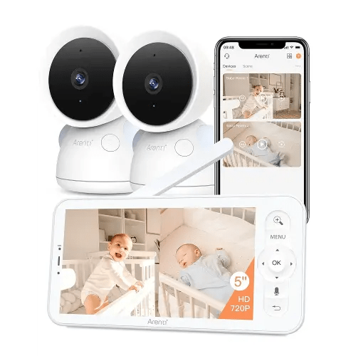 ARENTI 3MP Baby Monitor with 2 Cameras, 5-inch Split Screen Display, WiFi 6 Smartphone App, Night Vision, Cry Detection, Temp & Humidity Sensor, 2-Way Audio (D3 Set)