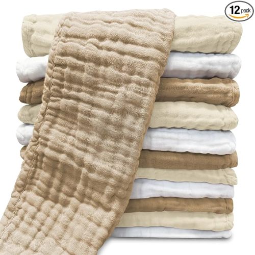 Sunny zzzZZ Muslin Burp Cloths for Baby 100% Cotton Burping Cloths for Unisex, Boy, Girl - Large 20'' by 10'' Newborn Essentials Ultra Soft Absorbent Milk Spit Up Rags - 12 Pack - White+Ivory+Brown