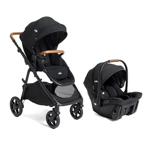Joie Ginger and Mint Latch Travel System – 4-in-1 Travel System with Base-Free Infant Car Seat & Stroller, Built-in Latch for Easy Install and an Included All-Terrain Stroller (Shale Dark)