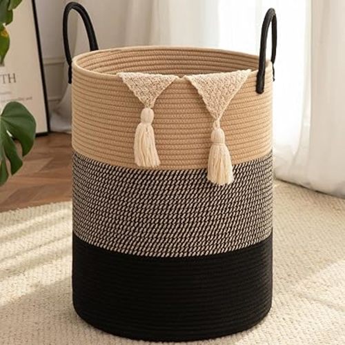 OIAHOMY Large Laundry Basket Hamper - 60L Cotton Rope Woven Basket for Blankets, Toys, Clothes - Tall Decorative Nursery Hamper with Long Handles, Yellow/Black