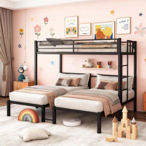 Firscook Twin Triple Bunk Bed, Noise-Reduced Metal Frame with Guardrail, Storage Space & Easy Assembly,Black