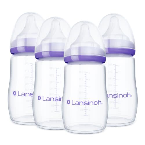 Lansinoh Anti-Colic Baby Bottles, 8 Ounces, 4 Count | Medium Flow Nipples (M), Breastfeeding Bottle with NaturalWave Design, BPA-Free Plastic, Baby Essentials