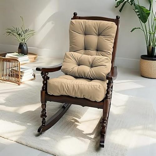 Activance Rocking Chair Cushion Indoor/Outdoor, Large Rocking Chair Pads with Ties Durable High Density Water Resistant Non Slip Back and Seat Cushion 3 Piece Set, Khaki