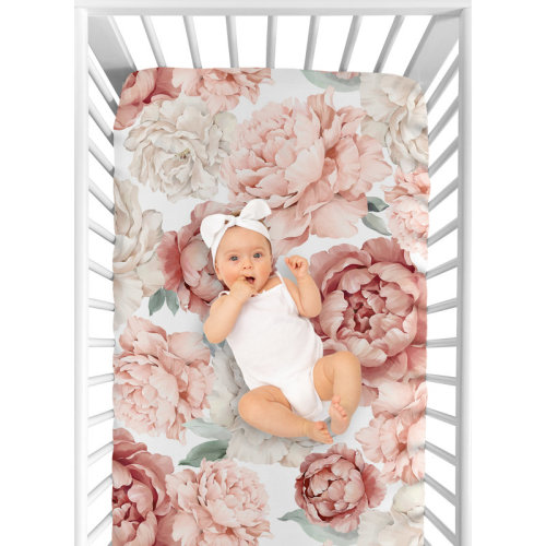 Peony Floral Garden Pink and Ivory Fitted Crib Sheet by Sweet Jojo Designs | Wayfair