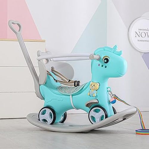 Rocking Horse for Toddlers, Baby Rocking Toy with Push Handle, Backrest & Detachable Balance Board, Riding Horse Toy for Baby Girl and Boy, 1-3 Years Old Kids Riding Birthday