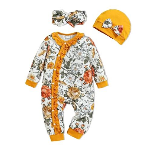 Newborn Baby Girl Clothes Infant Floral Print One-Piece Romper+Jumpsuit+Bodysuit+Hat+Headband