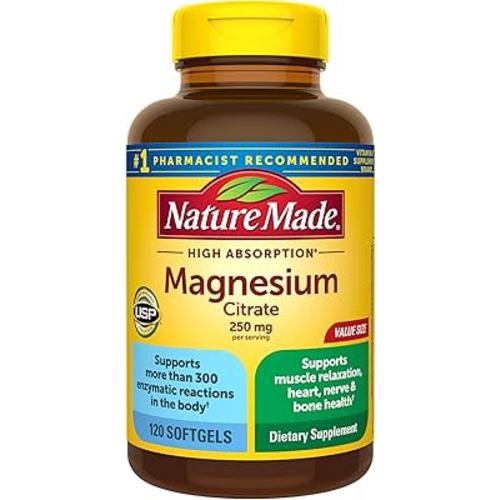 Nature Made Magnesium Citrate 250 mg per serving, Magnesium Supplements for Men and Women, Support for Muscle, Nerve, Bone and Heart, 120 Softgels, 60 Day Supply