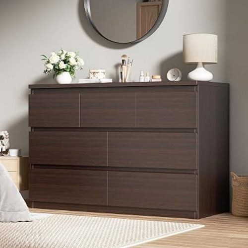 Jocoevol Modern Brown 7 Drawer Dresser for Bedroom, Simply Chest of Drawers, Wood Storage Dresser with Deep Drawers for Living Room Hallway Entryway, Brown