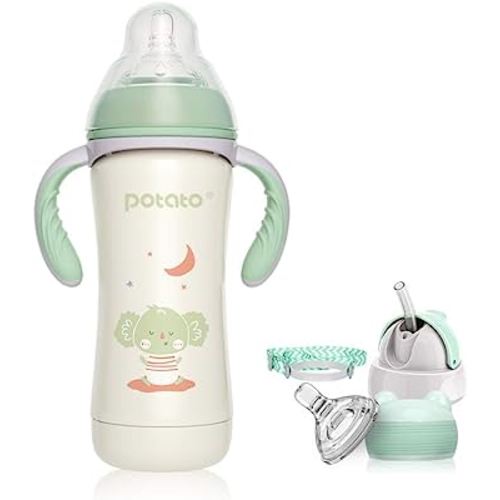 POTATO Baby Thermos Cup Water Bottle for Kids Stainless Steel Sippy Cup with 3 Kinds of Lids,Keeps Cold for 8 Hours 8 oz, Green