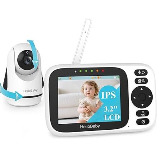 HelloBaby Baby Monitor with Camera and Audio, 3.2'' IPS Screen, No WiFi, 2-Way Talk, Night Vision, Remote Pan-Tilt-Zoom, VOX/ECO Mode, 8 Lullabies, 1000ft Range, Temperature Display, HB6339