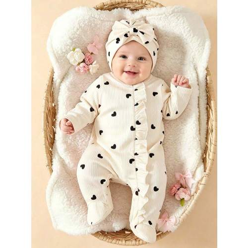 SHEIN Newborn Baby Girls' White Romper + Bow Hat Set, Long Sleeve Footie Jumpsuit With Ditsy Floral, Front Zipper Design For Easy Dressing, Lace Trim Cute Style, Suitable For 0-9 Months Daily Wear | SHEIN