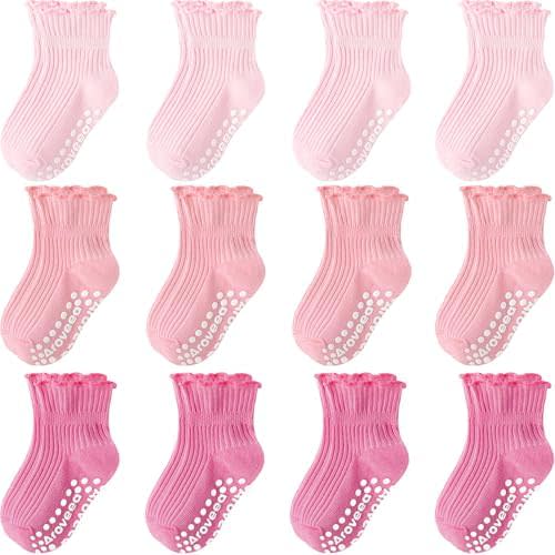 Baby Toddler Girls Socks Grip Ruffle Non Slip Girls Cotton 12 Pack Socks for Kids Cute Ankle 6M-7Years