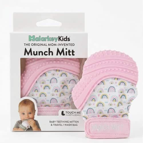 Munch Mitt Patented Teething Mitten Baby Chew Toy - Protects Hands from Chewing & Saliva, Heals Aching Gums, Promotes Sound & Visual Stimulation for Babies - Pink Rainbow