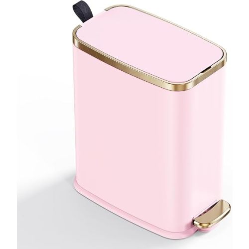CEROELDA Small Bathroom Trash Can with Lid Soft Close-5L/1.3 Gal Slim Garbage Can-Metal Step Wastebasket-Rectangle Narrow Waste Bin for Office, Bedroom, Toilet, Live Room (Pink)