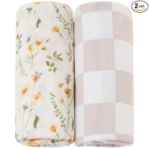 LifeTree Muslin Swaddle Blankets for Baby Girl, 2-Pack 70% Viscose from Bamboo and 30% Cotton Large Swaddle Blankets (47" x 47"), Floral & Dusty Pink Checkered