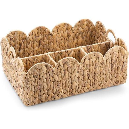 Scalloped Edge Wicker Basket Divided Storage Hand Woven Rattan Water Hyacinth Basket Tray for Bathroom Bedroom Kitchen Shelves Office Decor Organization(Natural,4 Compartments)