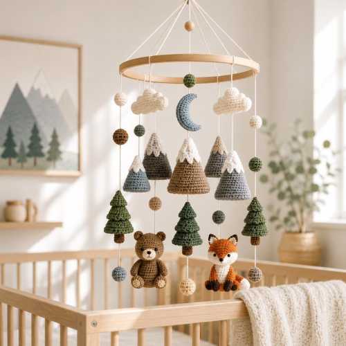 Crochet Woodland Baby Mobile, Bear Fox Crib Mobile, Mountain Forest Nursery Decor, Neutral Nature Baby Shower Gift