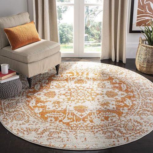 SAFAVIEH Madison Collection Area Rug - 4' Round, Orange & Ivory, Snowflake Medallion Distressed Design, Non-Shedding & Easy Care, Ideal for High Traffic Areas in Living Room, Bedroom (MAD603P)