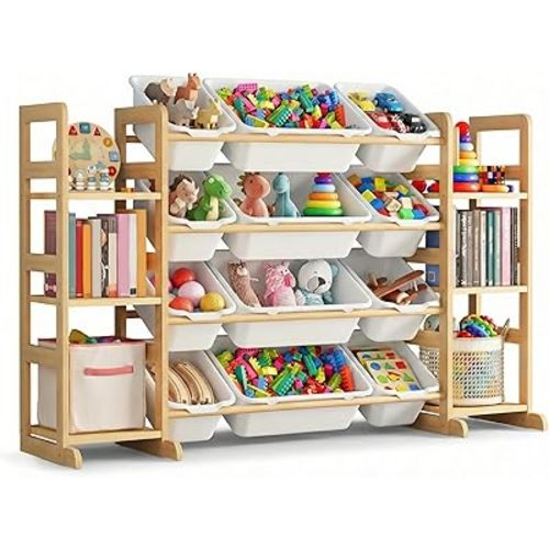 Kids Toy Storage Organizer with 12 Bins, 100% Solid Wood Montessori Toy Organizer & Bookshelf, BPA Free, CPC-Certified Playroom Organization for Living Room & Nursery