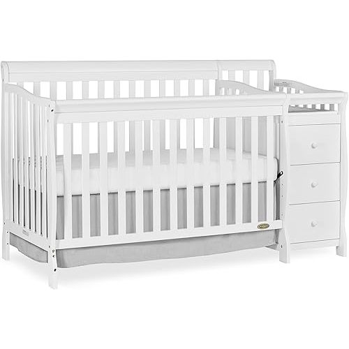 Dream On Me Brody 5-in-1 Convertible Full-Size Baby Crib & 3-Drawer Changer in White, Pinewood, GreenGuard Gold & JPMA, 1” Changer Pad, 3 Mattress Heights, Converts to Toddler & Full Size Bed